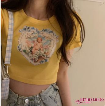 Áo Croptop Tay Ngắn Cổ Tròn Hoạ Tiết Thiên Thần Cho Phái Nữ