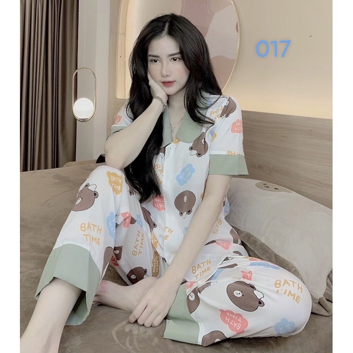 Bộ ngủ pijama cổ sen gấu nâu cổ xanh