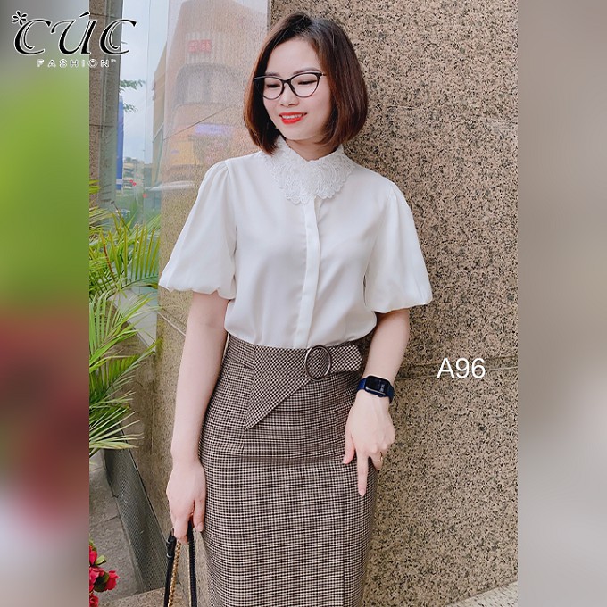 Áo sơ mi nữ công sở cao cấp,thời trang thiết kế Cúc Fashion A96 áo somi cổ ren tay bồng