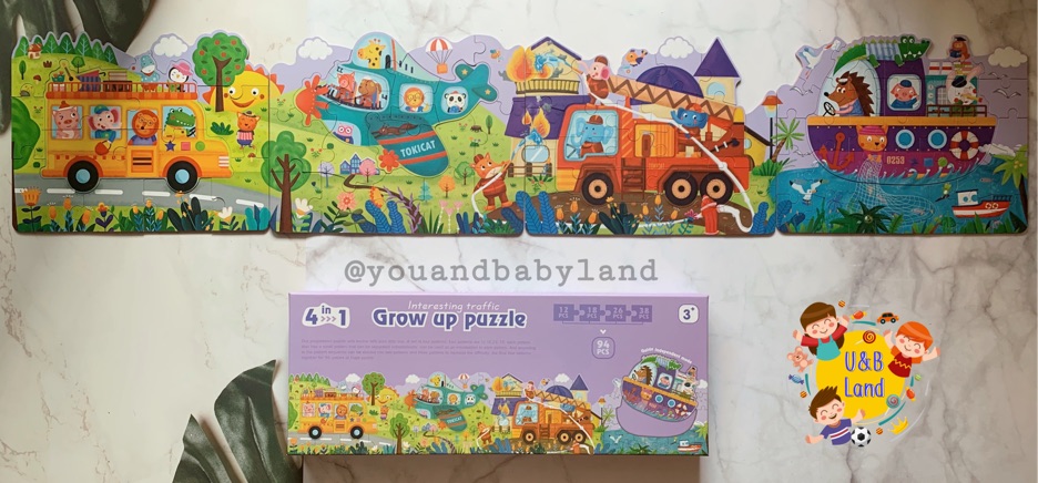 Bộ 4 tranh ghép hình tổng hợp Grow up puzzle cho bé 3-5 tuổi, nhiều cấp độ 12-18-26-38 mảnh