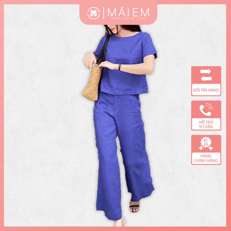Sét áo cộc tay đính cúc sau lưng mix quần dài ống rộng bộ đồ nữ màu xanh coban chất vải thoáng mát_S0507