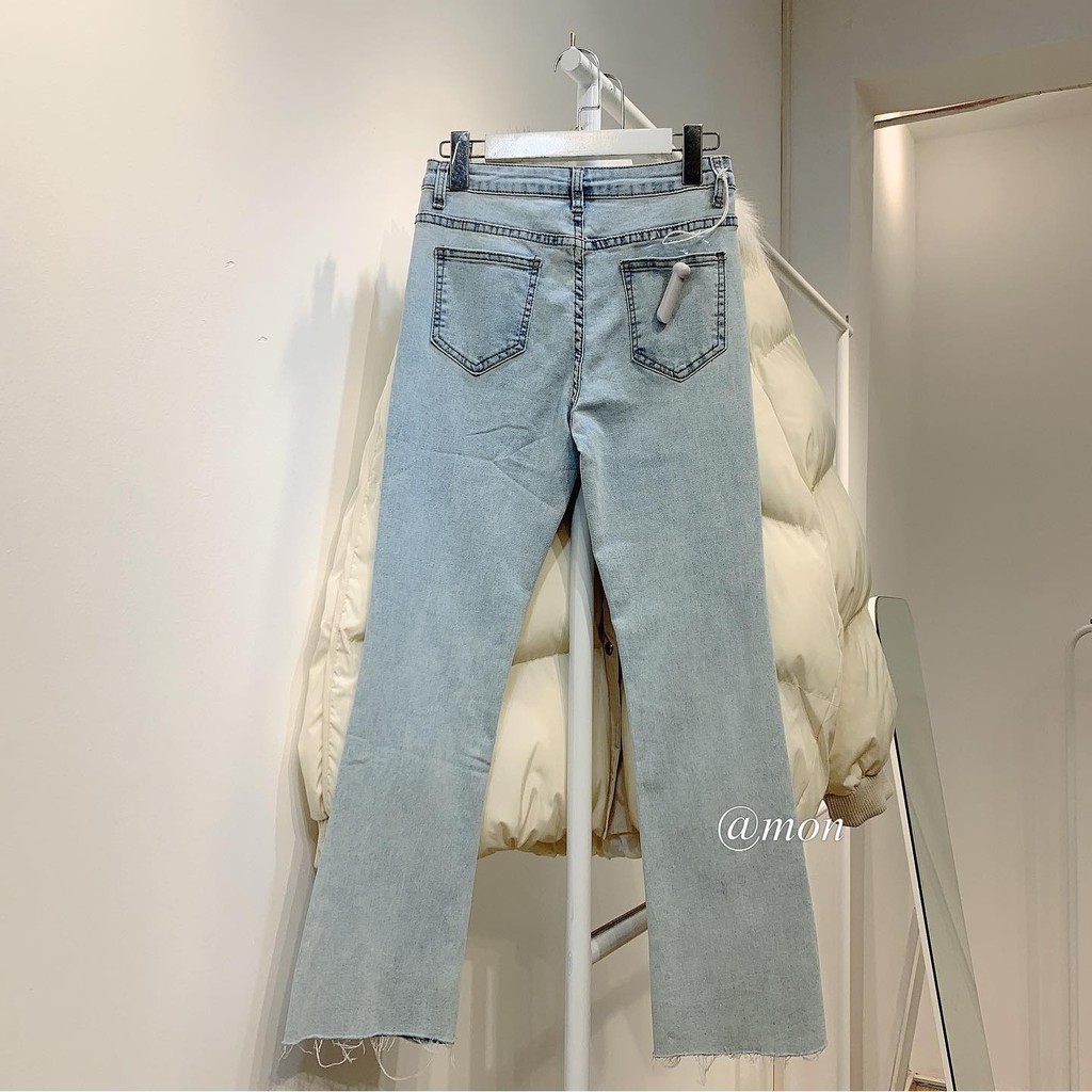 2101446 Quần jeans nữ ulzzang - quần loe nhẹ có giãn chất jeans mềm màu xanh nhạt có size