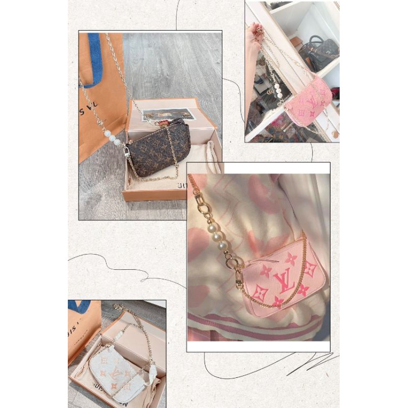 Túi LV mini pochette accessoires quai ngọc  hồng kem nâu