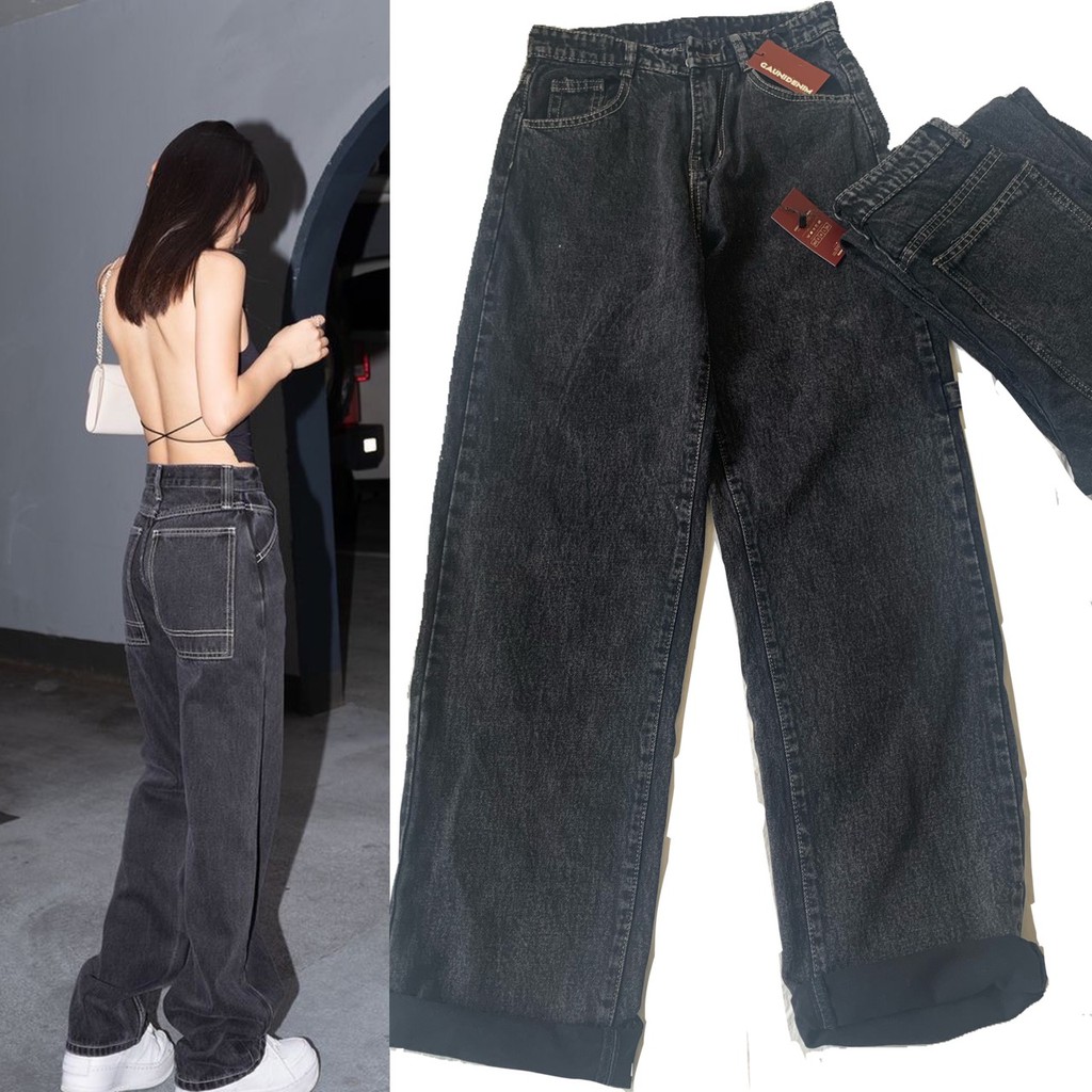 Quần Jeans Nữ Ống Rộng - Màu Xám Khói - Form Dài - Mã 06