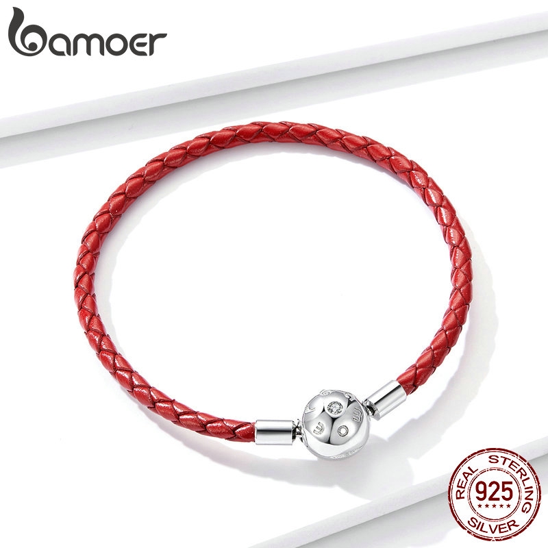 Vòng tay dây da bện đỏ Bamoer BSB042 mặt hình quả cầu tròn