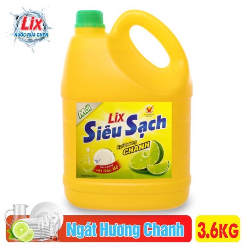 Nước rửa chén Siêu Sạch Lix khử mùi vượt trội Hương Chanh/ Trà Xanh 3,6kg