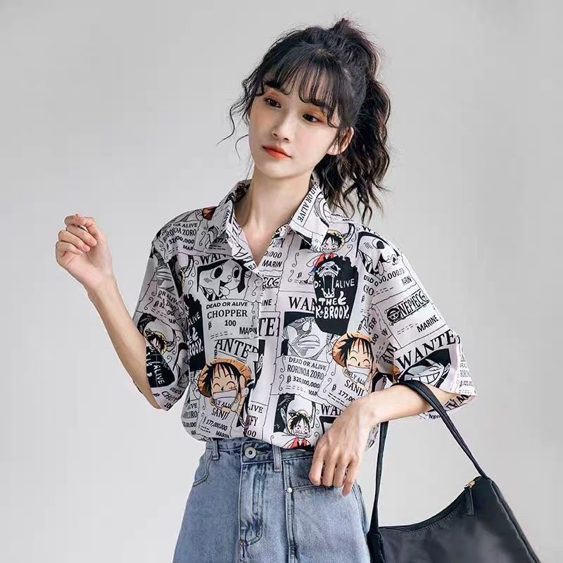 Áo Sơ Mi Ngắn Tay Họa Tiết Hoạt Hình Phong Cách Hàn Quốc