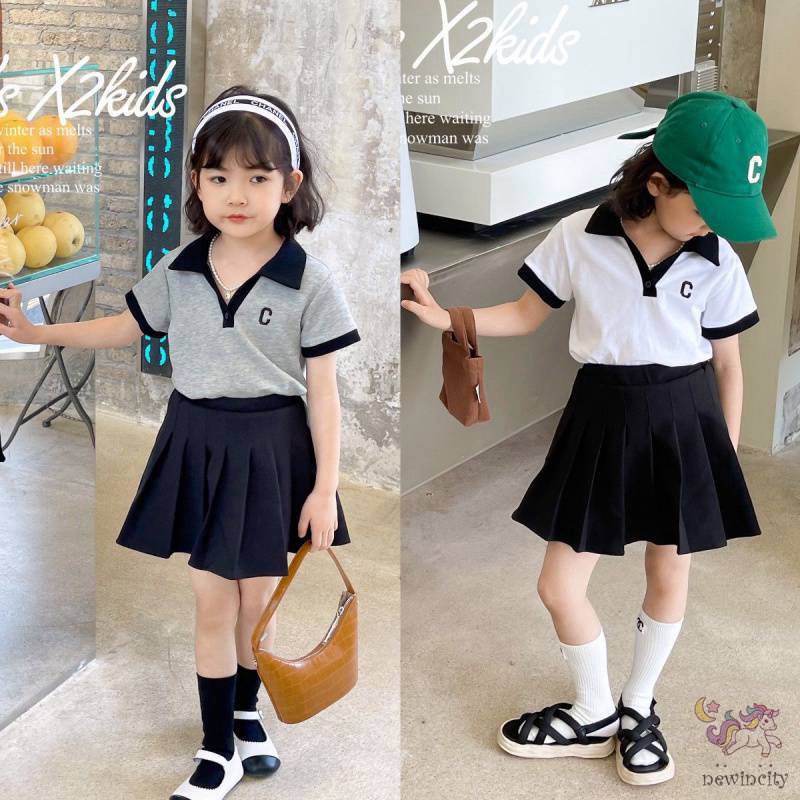 Bộ Đồ 2 Món Gồm Áo Polo Tay Ngắn Cổ Polo Và Váy Hàn Quốc Dành Cho Bé Gái