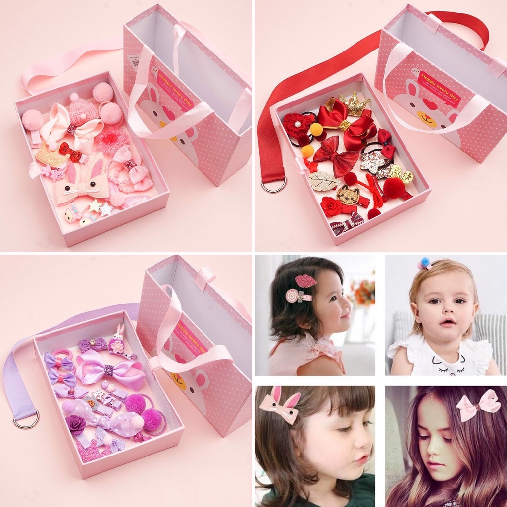 Hộp kẹp tóc quà tặng cho bé gái 18 phụ kiện siêu dễ thương iLita phong cách Hàn Quốc đủ màu (Hồng, Đỏ, Tím)