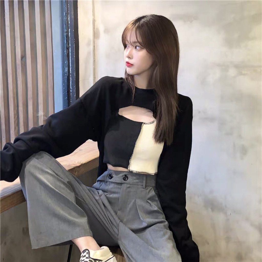 Set Áo Thun 2 Món Croptop Dài Tay Viền Chỉ Nổi Cut out + Áo Ba Lỗ Mix Màu Trắng Đen Mặc 2 Kiểu