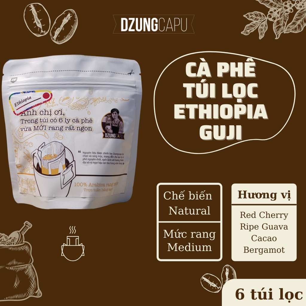 Cà phê túi lọc Ethiopia Guji rang mộc nguyên chất - Gói 6 túi lọc thơm ngon - Cà phê DzungCapu