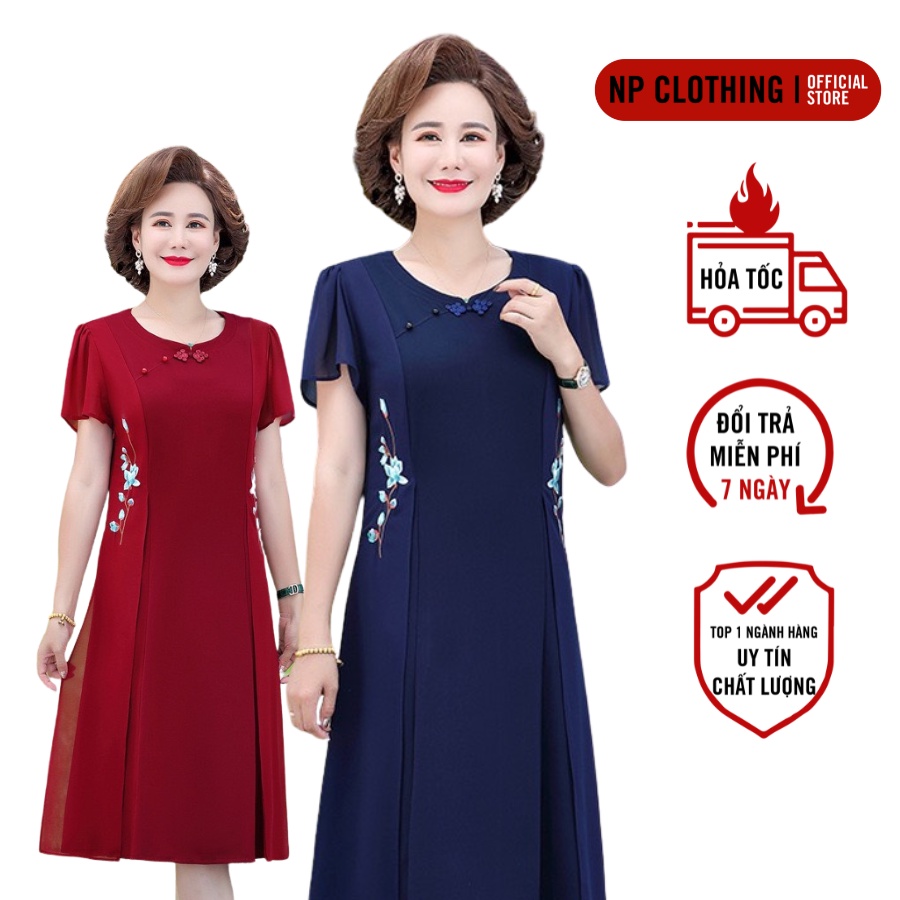 Đầm Thiết Kế Trung Niên, Mẫu Đầm Suông Cho Mẹ Chất Cotton lạnh Chiffon Thêu hoa Đào | Thời Trang NP Clothing