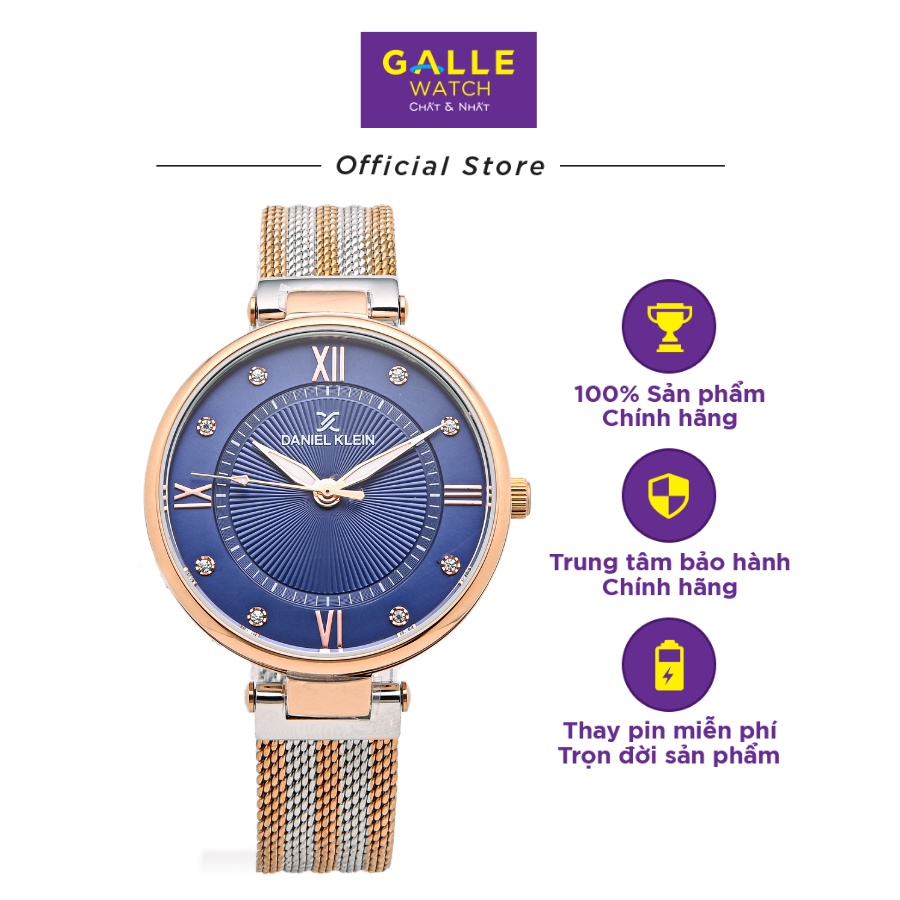 Đồng hồ nữ dây thép lưới không gỉ Daniel Klein DK.1.12560.5 chống nước, mặt số chạm nổi, cọc số La Mã đính đá cao cấp