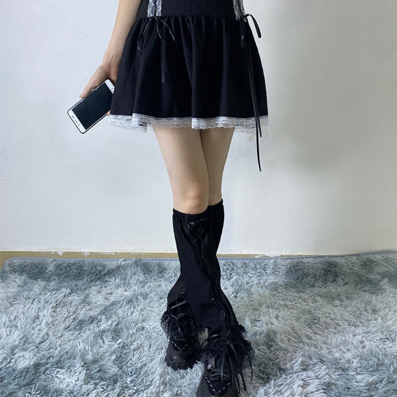 Vớ ống chân nhún bèo và dây thắt chéo phong cách Lolita punk gothic Harajuku giữ ấm chân cho nữ