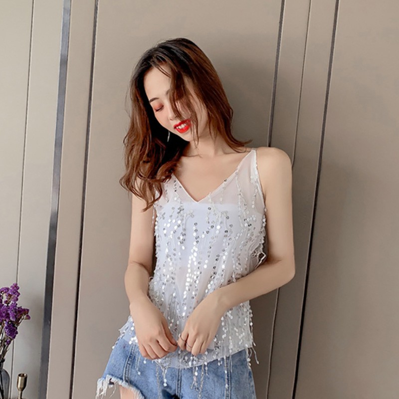 [Baywellfashion]Áo hai dây đính sequin lấp lánh phong cách quyến rũ trẻ trung dành cho nữ