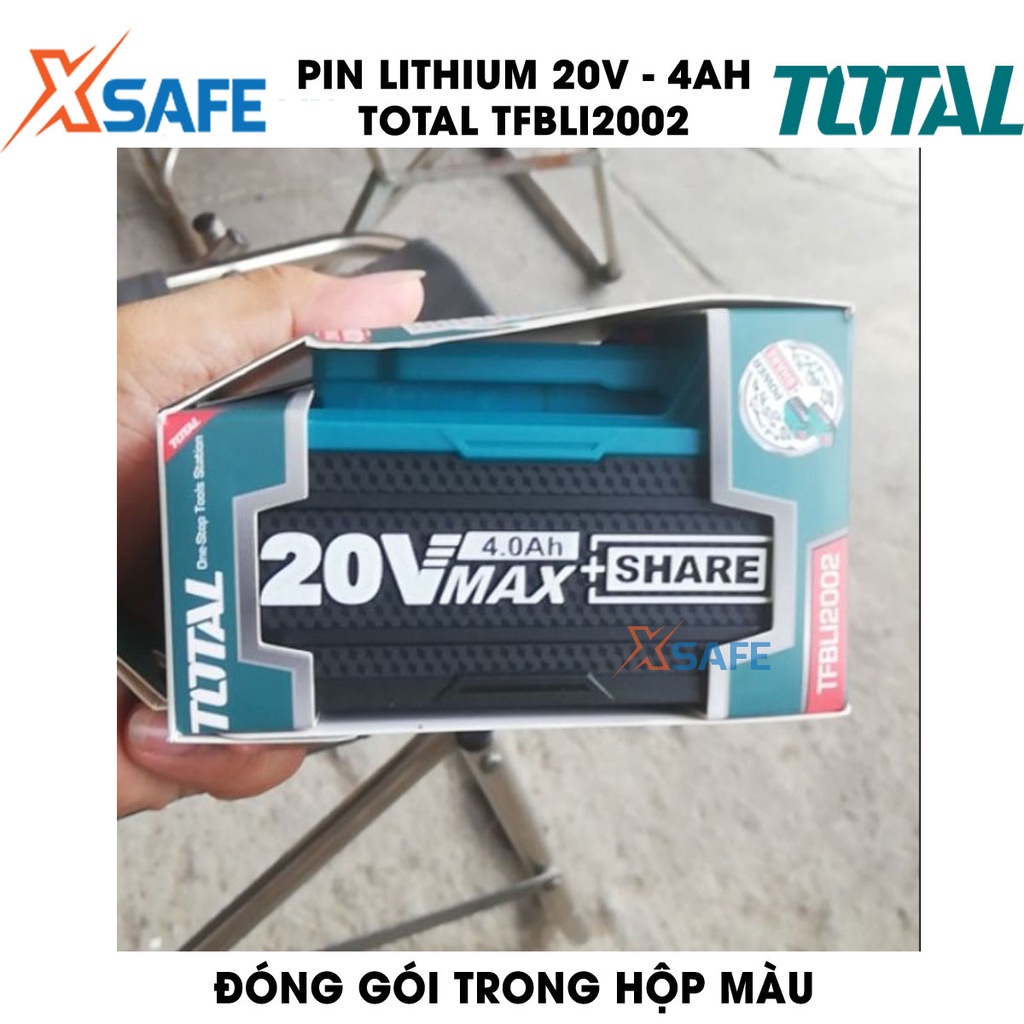 Pin Lithium 20V/4.0Ah TOTAL TFBLI2002 Pin lithium 20V dùng cho nhiều loại máy Total dùng pin 20V, có đèn LED báo pin