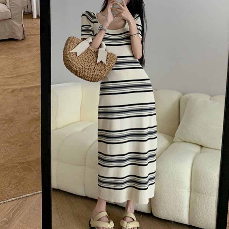 Đầm Tay Ngắn Họa Tiết Kẻ Sọc Thời Trang Hàn Quốc 198526 Đầm Dài Qua Gối Phong Cách Retro Hong Kong Thời Trang Mùa Hè