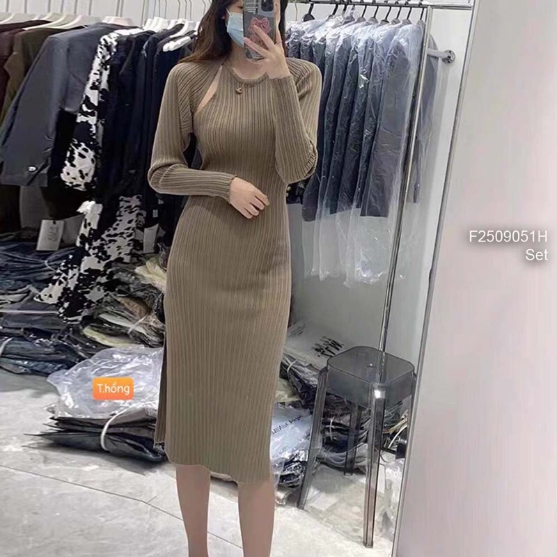 Set len áo khoác croptop tay dài kèm đầm body xẻ tà cổ yếmhàng QC!