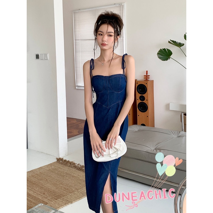 DUNEA Đầm Denim Trễ Vai Xẻ Tà Gợi Cảm Dành Cho Nữ