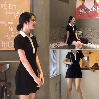 Đầm polo đen viền cổ trắng