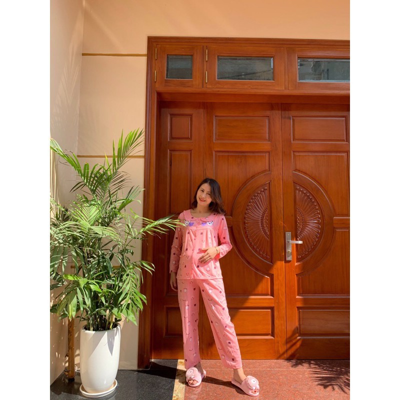 Bộ đồ bầu dài tay chất cotton thoáng mát  họa tiết gấu thiết kế cổ bèo siêu xinh BD914