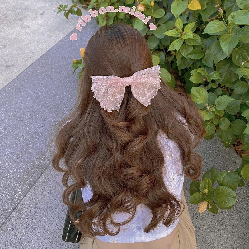 [ Hàng Thiết Kế ] Kẹp Tóc Nơ Vải Ren Hồng Handmade Họa Tiết Hoa Ẩn Cao Cấp Ribbon.mimi Pandora cột / kẹp