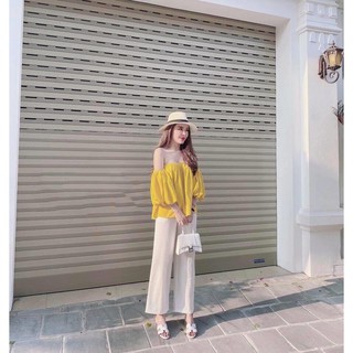 Sét bộ voan hot trend áo vàng trễ vai phối quần rộng phong cách ttsa0679