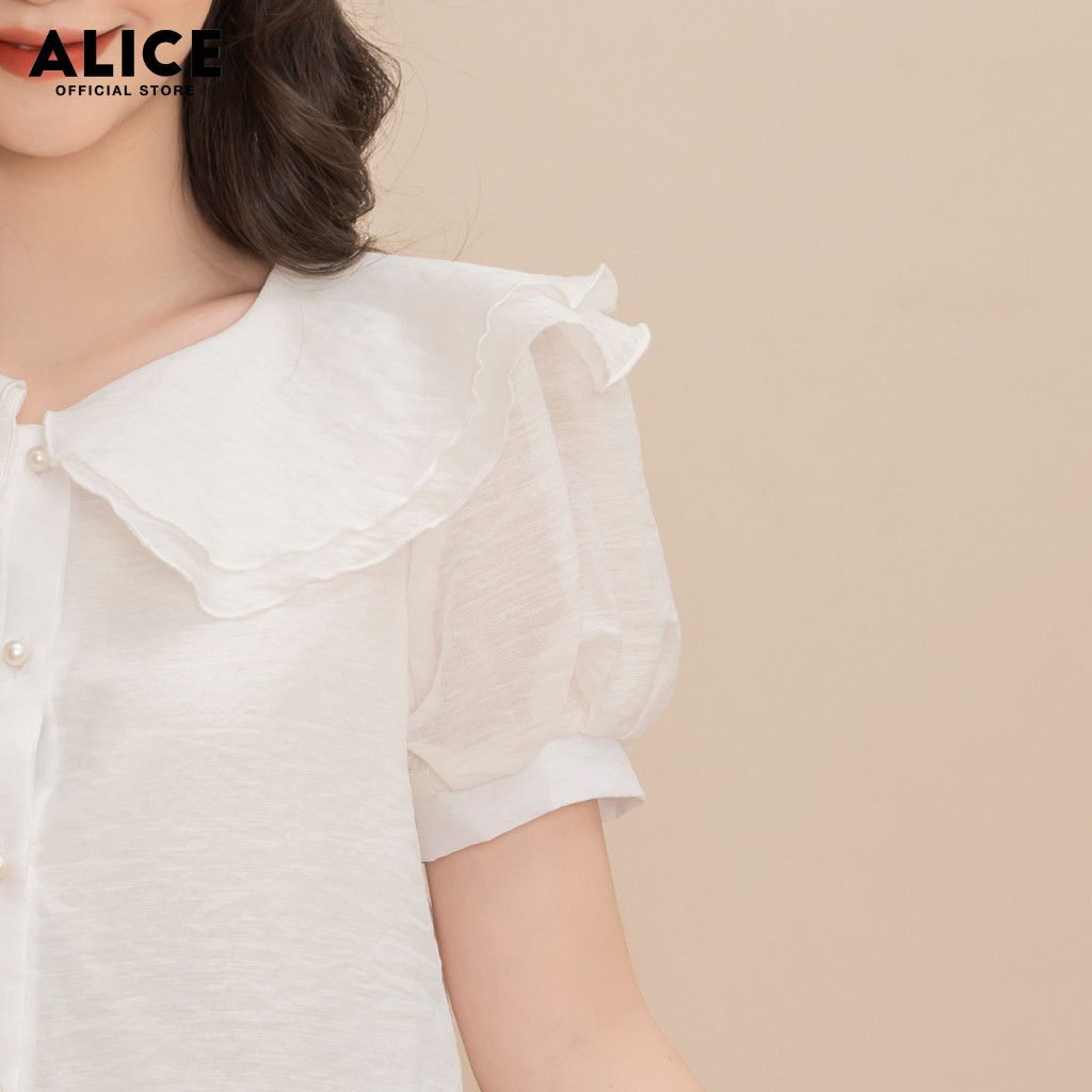 Áo Sơ Mi Trắng Nữ Cổ Bèo ALICE A204 Thiết Kế Dáng Suông Tay Bồng Ngắn Phối Cúc Ngọc