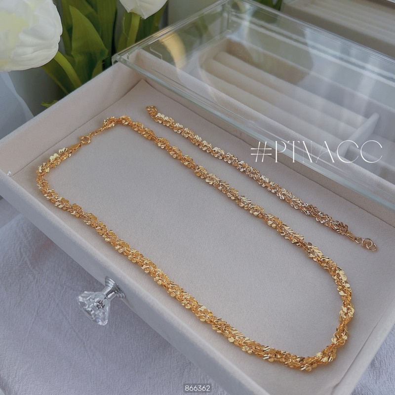 Bộ trang sức xi bạch kim dây chuyền, vòng cổ, lắc tay xoắn hoa mai 4D size 5li mảnh dễ mang đơn giản .PTNACC.
