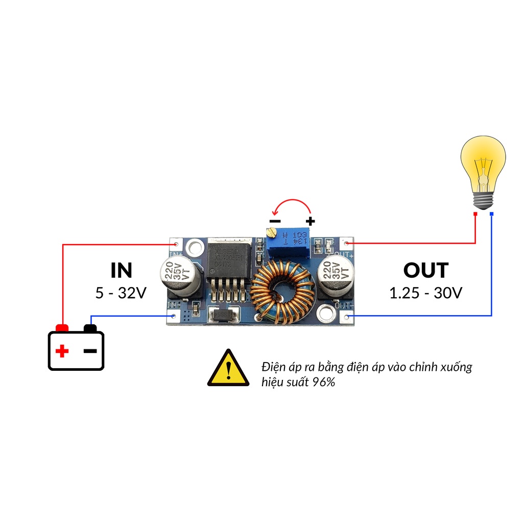 Mạch Giảm Áp DC XL4005  hạ điện áp 5-32V xuống 1.25-30V không nên sử dụng ngõ ra tải là động cơ