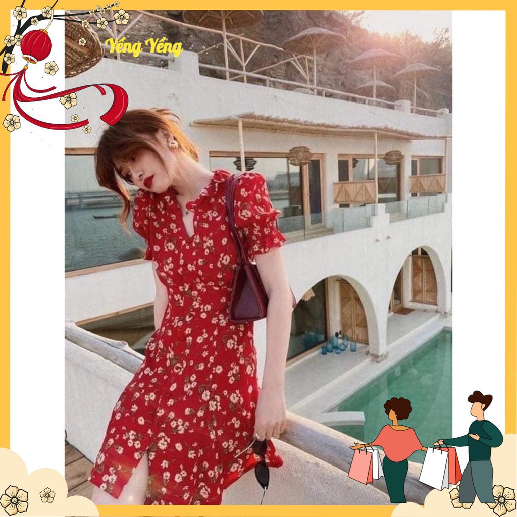 VNU237 - VÁY ĐỎ HOA VÀNG PHỐI CÚC BUỘC EO