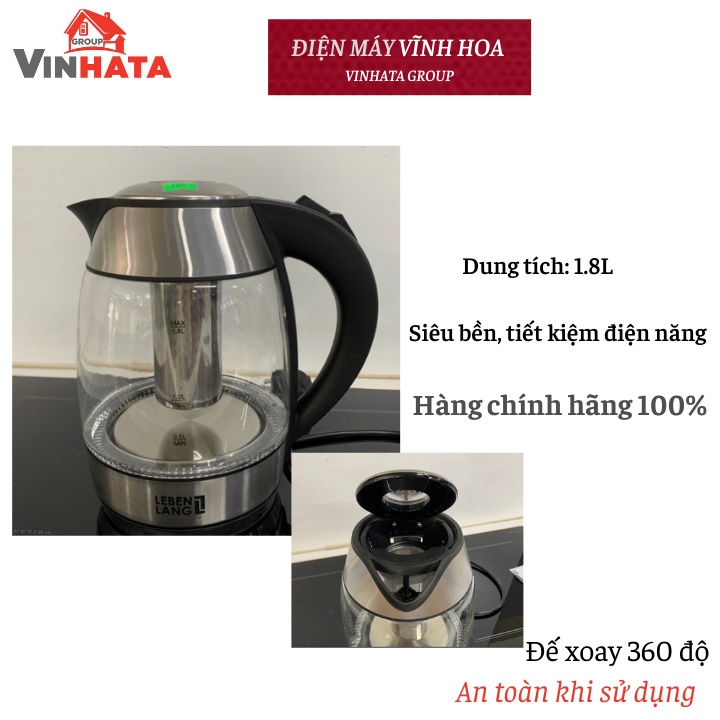 Ấm siêu tốc thuỷ tinh 1,8lit Lebenlang LBE2819 (hàng chính hãng)