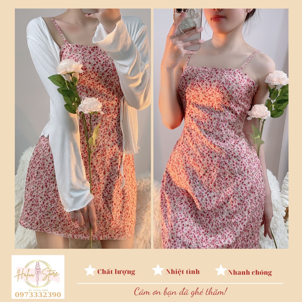 Váy Hai Dây Hoa Nhí Hồng Kèm Áo Cardigan Len Tăm Mỏng HT29 HaLuu Store Phù Hợp Cho Nữ