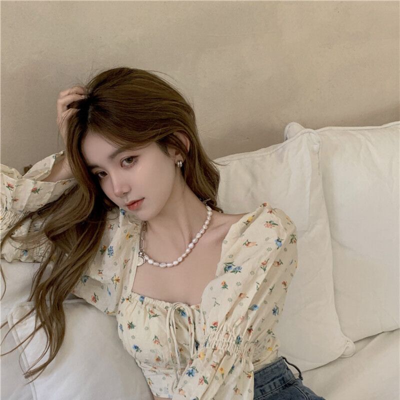 [MURIOKI] Áo Sơ Mi Tay Dài Cổ Thấp In Họa Tiết Hoa Phong Cách Pháp Thời Trang Mùa Thu 2022 Cho Nữ