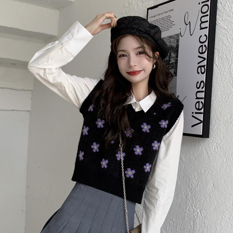 Áo Dệt Kim Sát Nách Dáng Rộng In Hoa Kiểu Vintage Hàn Quốc Xinh Xắn Cho Nữ