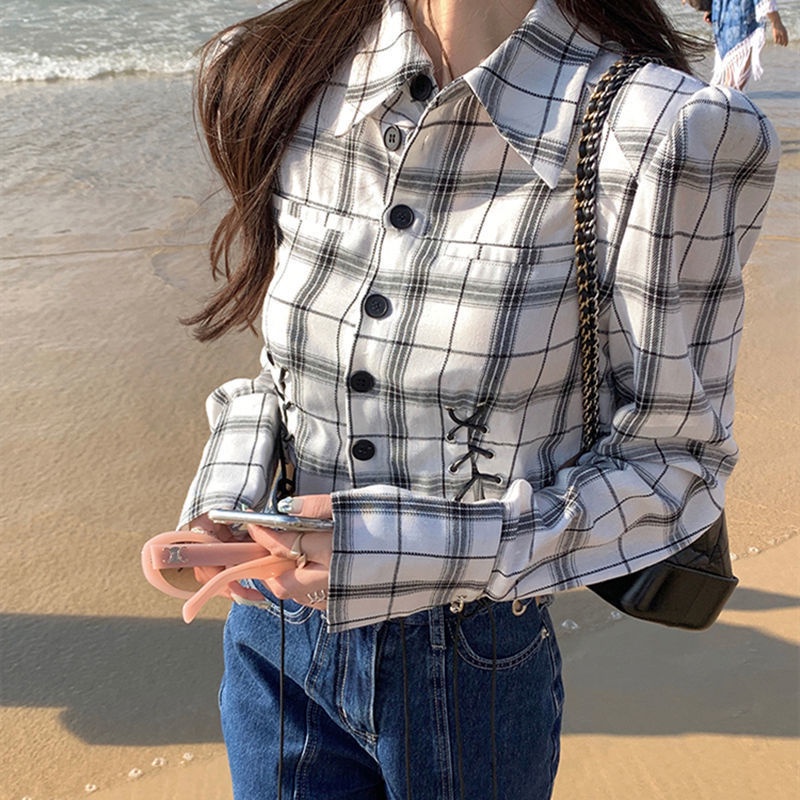 Áo Sơ Mi Tay Dài Dáng Rộng Họa Tiết Sọc Caro Trắng Đen Thời Trang Cá Tính Cho Nữ