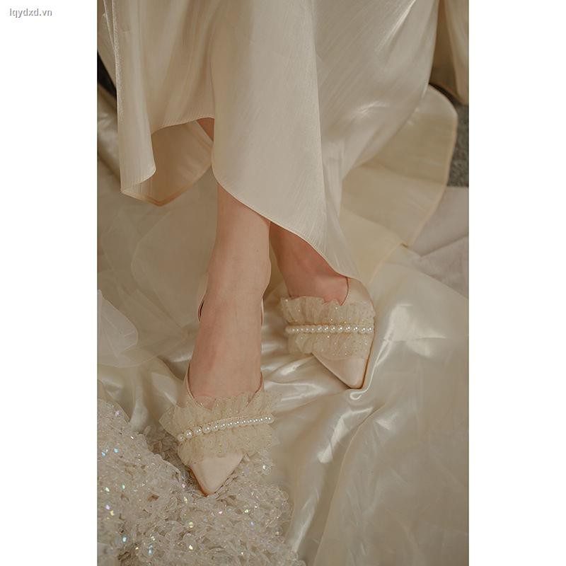 Giày búp bê đế bệt mũi nhọn vải lưới đính ngọc trai giả thời trang mùa xuân cho nữ