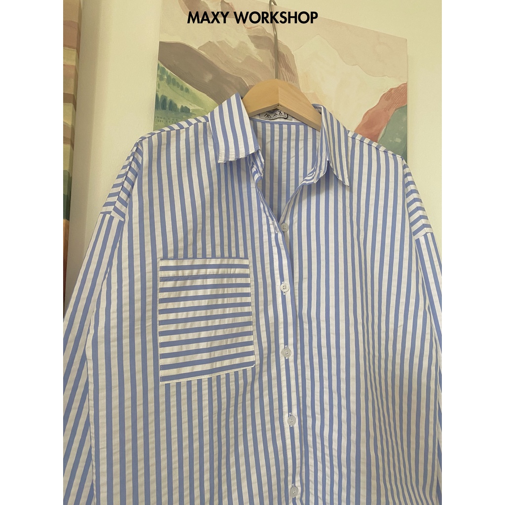 Áo sơ mi nữ tay dài sọc xanh trắng dáng rộng blue ocean shirt