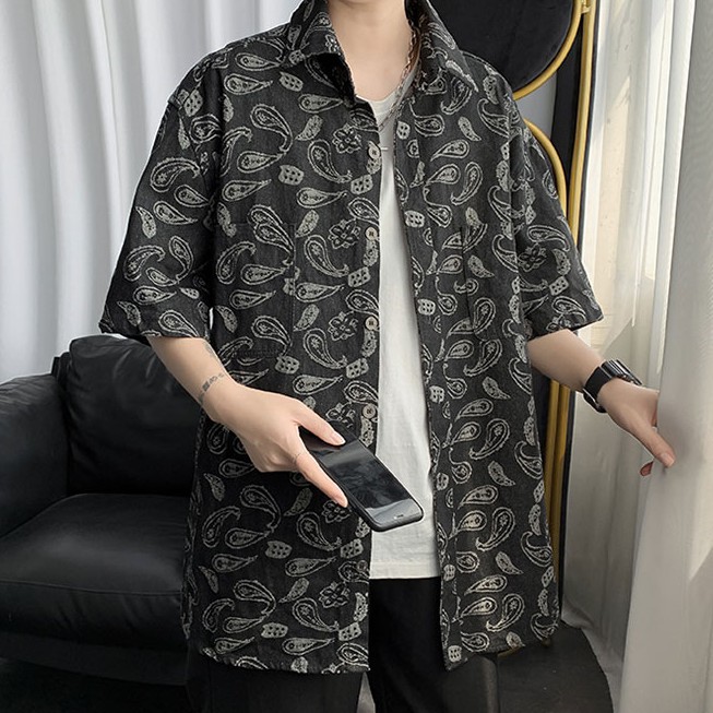 Áo Sơ Mi Denim Ngắn Tay Dáng Rộng In Họa Tiết Cá Tính Dành Cho Sơ Mi Nam Cotton ÁO Sơ Mi Nam Phong CáCh ÁO Sơ Mi Unisex Big Size