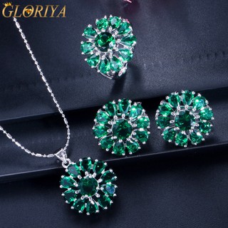 Bộ bông tai và vòng cổ mặt dây chuyền hoa mặt trời pha lê ngọc lục bảo dành cho nữ Bộ trang sức trang phục thời trang 【 Gloriya 】 J018