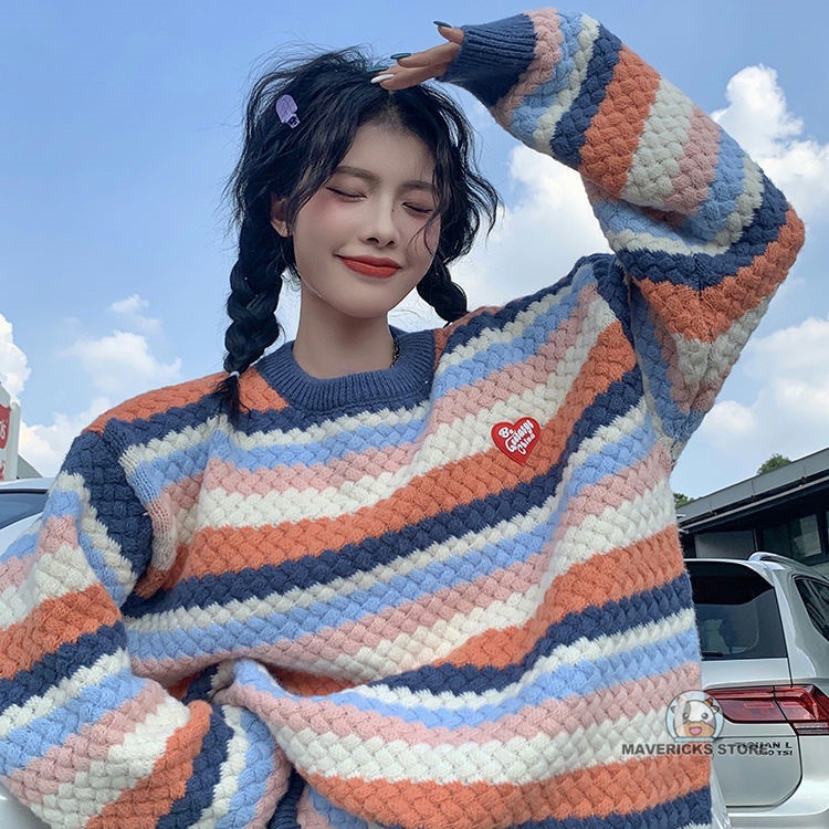 Áo sweater dệt kim chui đầu màu cầu vồng dễ phối đồ thời trang thu đông cho nữ