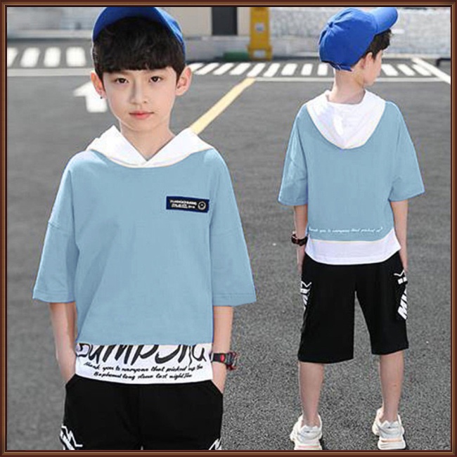 Set Đồ 2 Món Gồm Áo Thun Cotton Tay Cộc Có Mũ Trùm In Chữ + Quần Short Thời Trang Cho Bé Trai