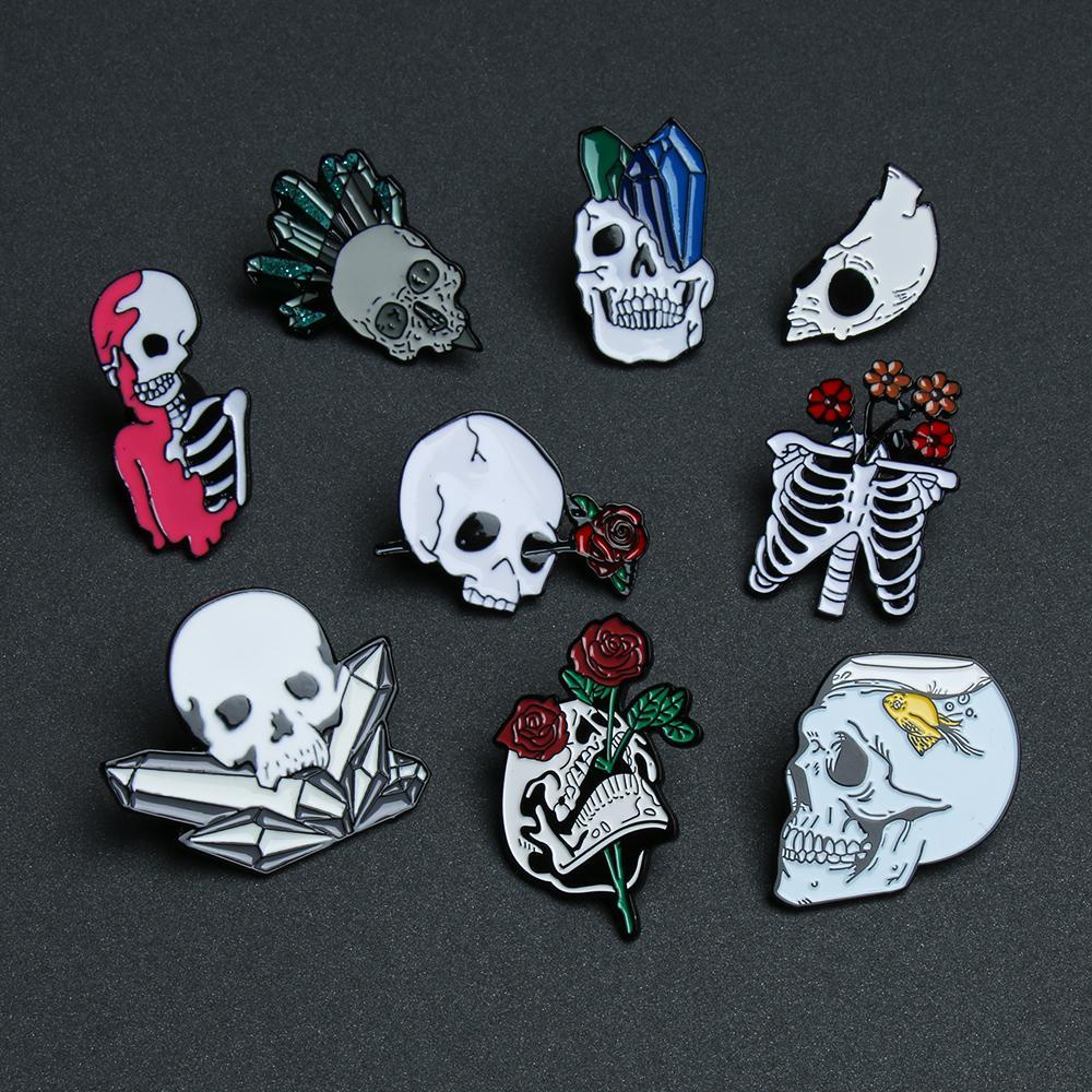 Ghim Cài Áo Hình Đầu Lâu Hoa Hồng Tráng Men Phong Cách Gothic Thời Trang