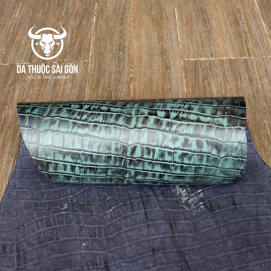 10 Pia da bò dập vân cá sấu wax phấn màu xanh đá thương hiệu Da Thuộc Sài Gòn - Da bò thuộc bán lẻ