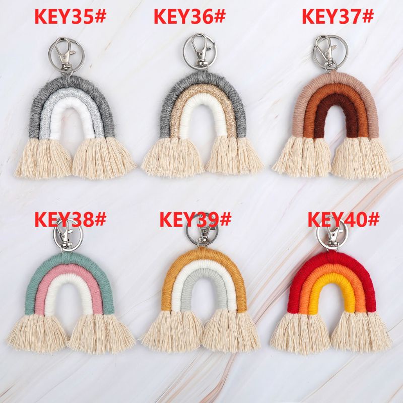 Móc khóa dây bện màu cầu vồng tua rua Macrame cho nữ