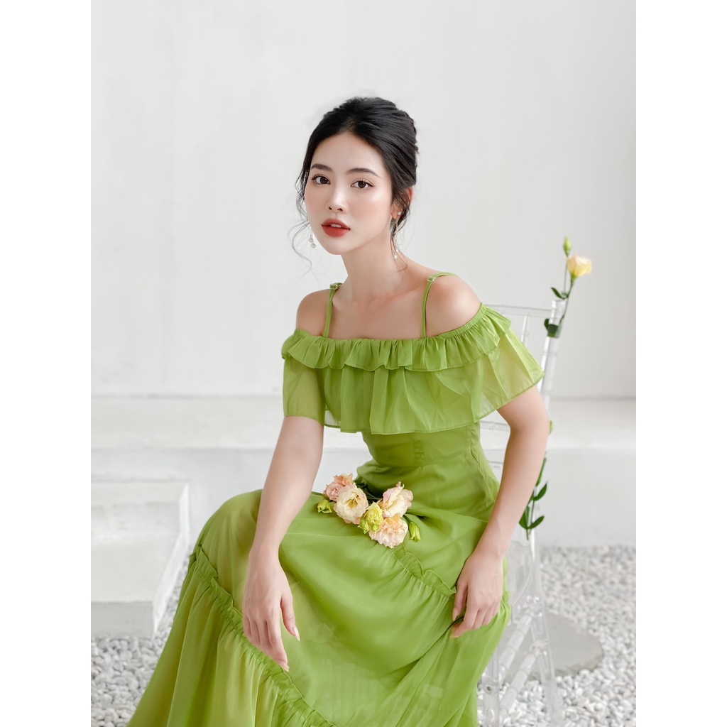 Váy trễ vai dáng dài màu xanh chất tơ óng cao cấp YAME