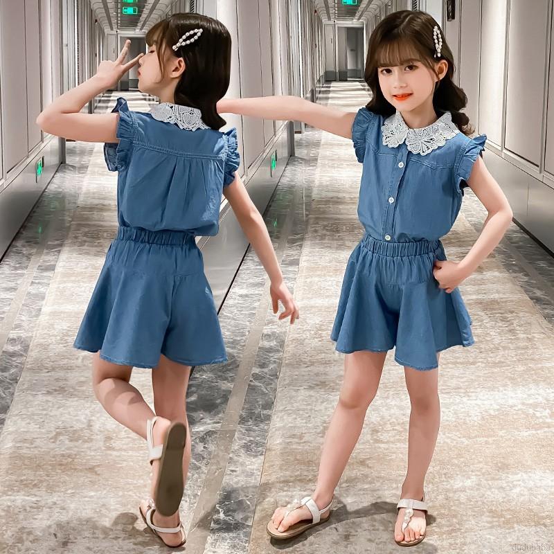 Set áo không tay phối ren và quần short thời trang cho trẻ em 3-15 tuổi