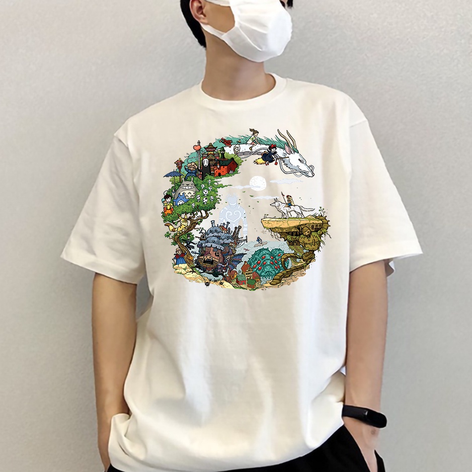 Áo thun nam nữ tay lỡ vải cotton form rộng màu trắng Hạ Băng Designs - Ghibli 001