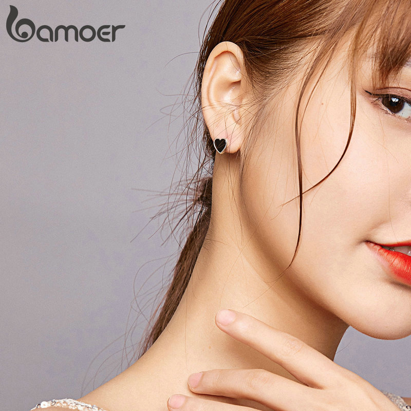 Khuyên Tai Xỏ Lỗ Bamoer SCE915 bằng bạc 925 Đính Đá Mã Não Hình Trái Tim Màu Đen Cá Tính Cho Nam/Nữ