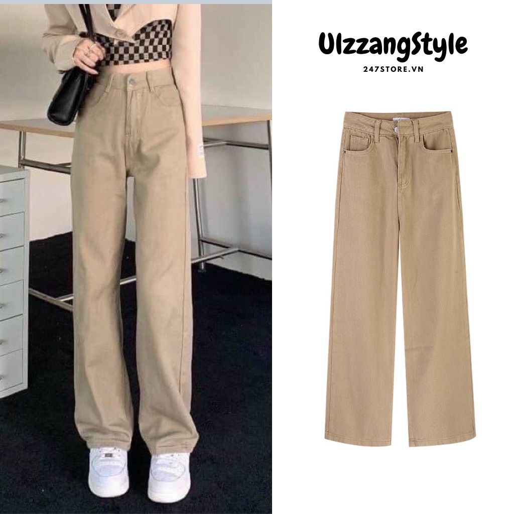 Quần jeanống rộng nữ màu nâu sữa lưng cạp cao ống suông dài phom rộng phong cách Ulzzang đi học đi làm đi chơi | BigBuy360 - bigbuy360.vn